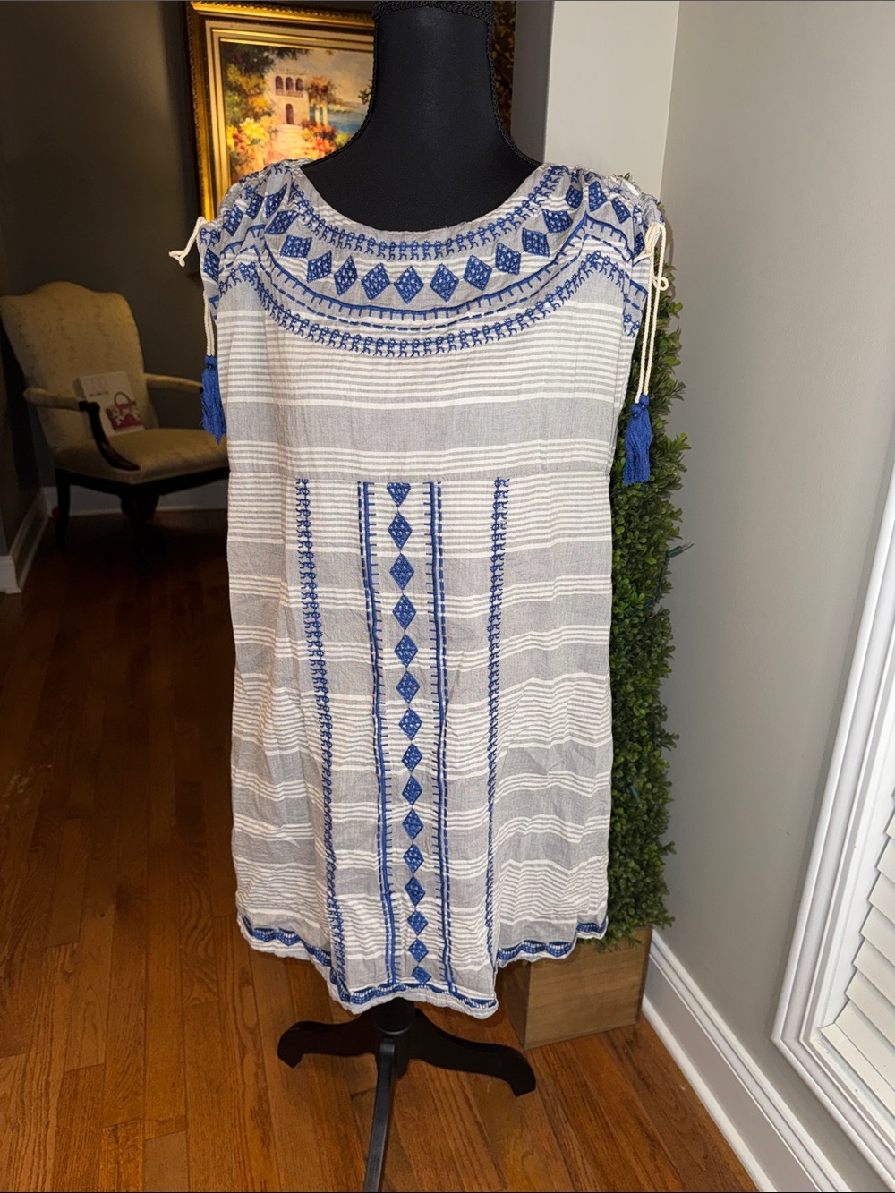 The Impeccable Pig White Mini Dress with Blue Embroidery